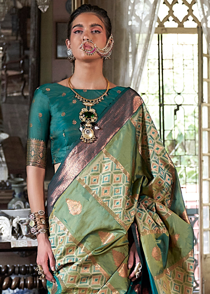 Pistachio Green Ikat Pochampally Handloom Silk Saree with Contrast Blouse