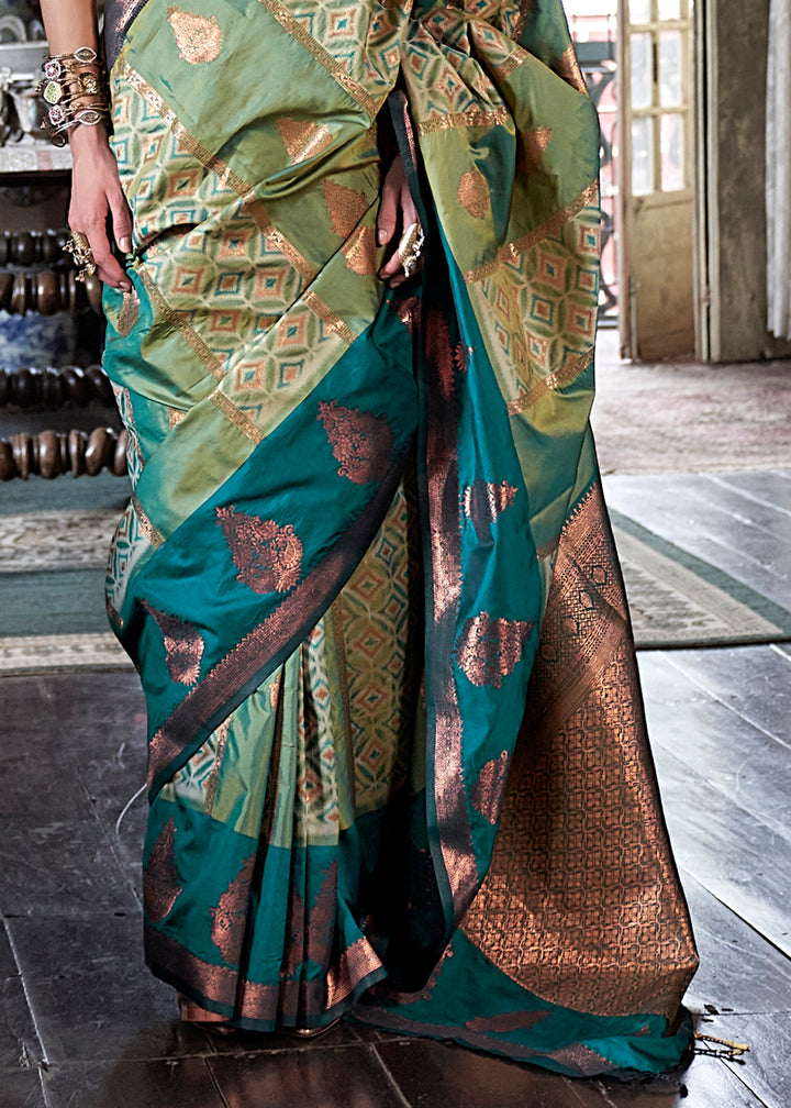 Pistachio Green Ikat Pochampally Handloom Silk Saree with Contrast Blouse