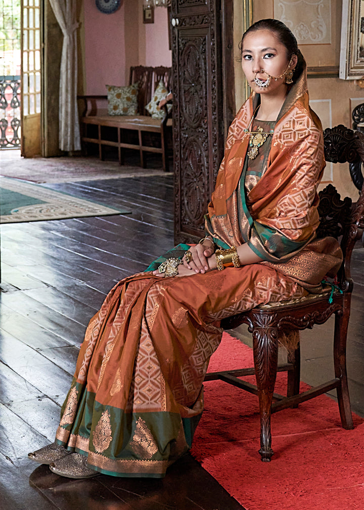 Pumpkin Orange Ikat Pochampally Handloom Silk Saree with Contrast Blouse