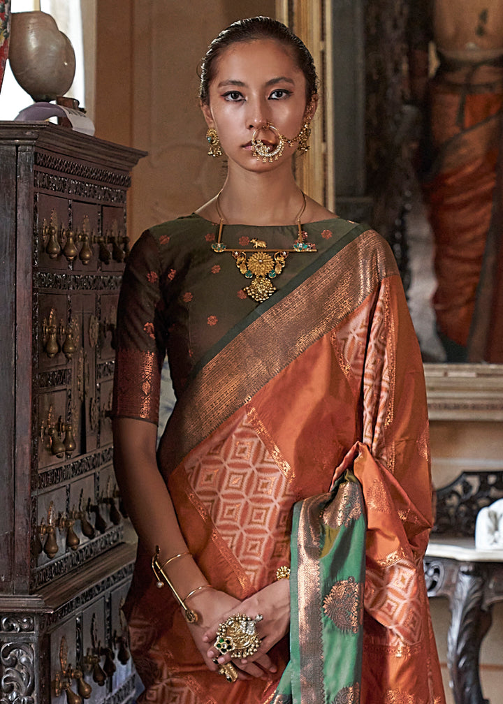 Pumpkin Orange Ikat Pochampally Handloom Silk Saree with Contrast Blouse