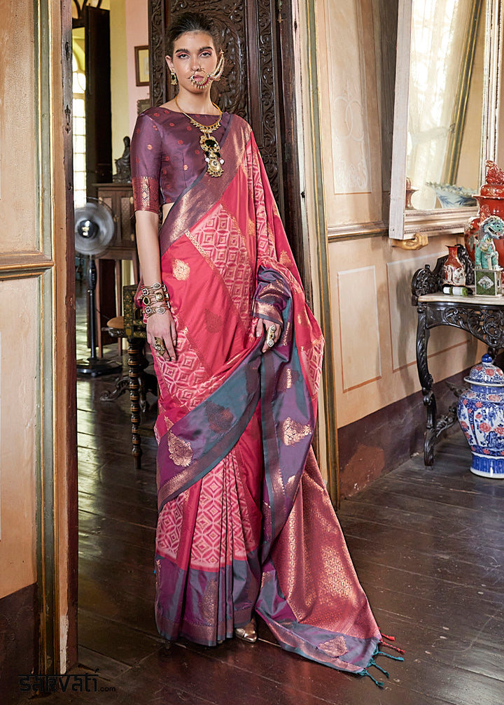 Punch Pink Ikat Pochampally Handloom Silk Saree with Contrast Blouse
