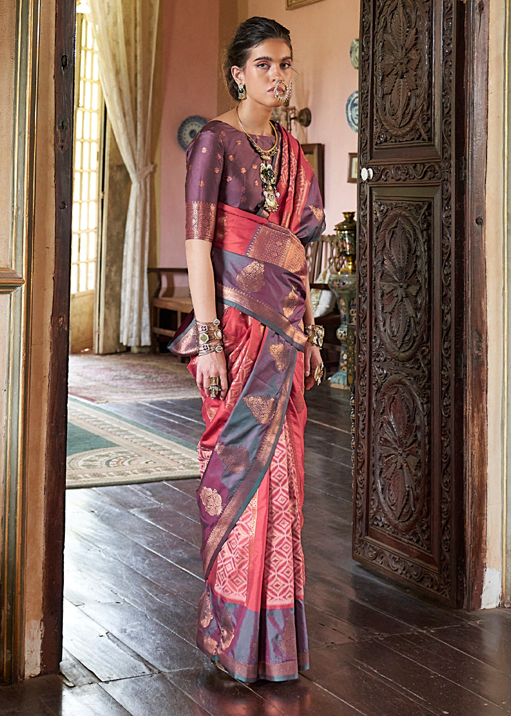Punch Pink Ikat Pochampally Handloom Silk Saree with Contrast Blouse