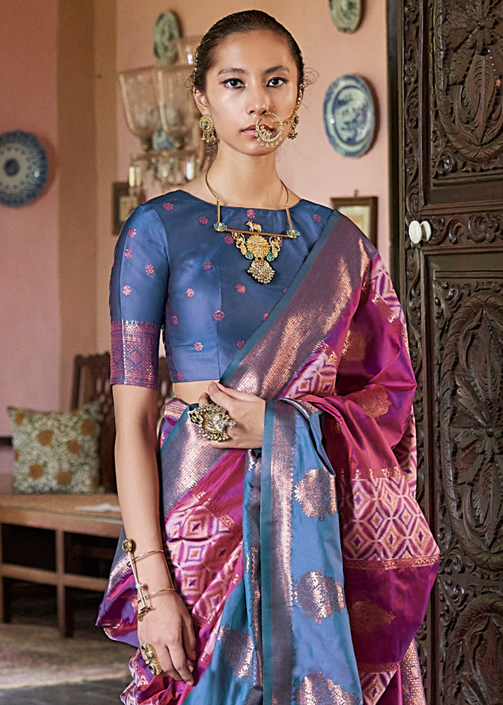 Wild Berry Pink Ikat Pochampally Handloom Silk Saree with Contrast Blouse