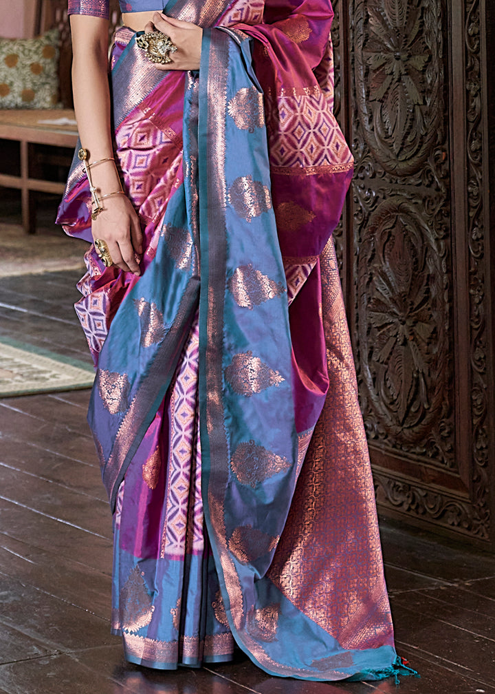 Wild Berry Pink Ikat Pochampally Handloom Silk Saree with Contrast Blouse