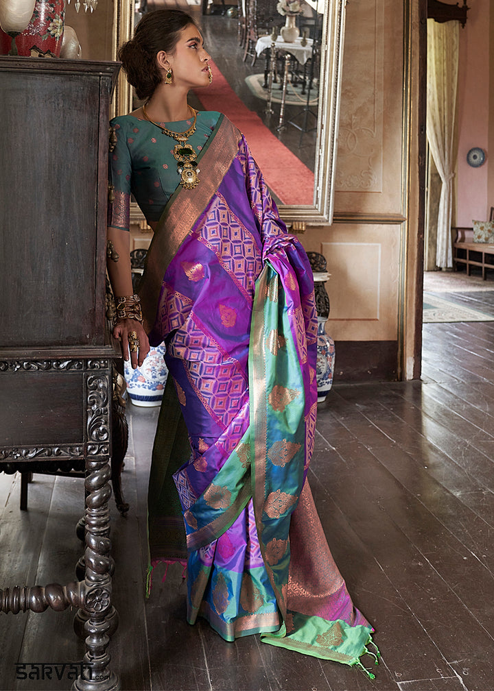 Raisin Purple Ikat Pochampally Handloom Silk Saree with Contrast Blouse