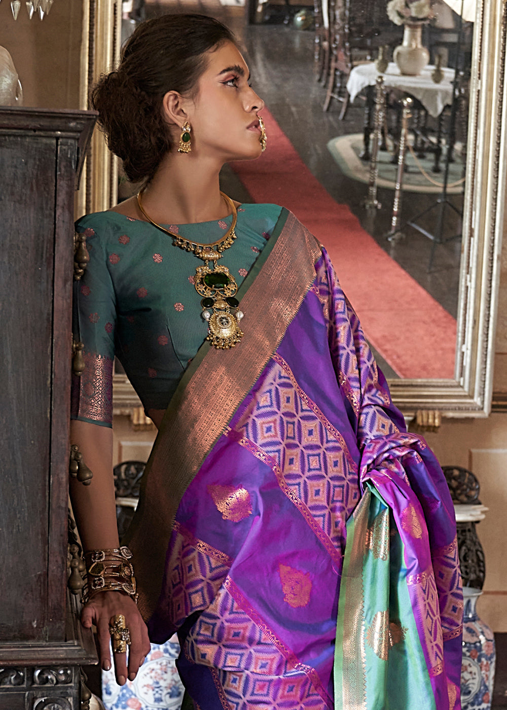 Raisin Purple Ikat Pochampally Handloom Silk Saree with Contrast Blouse