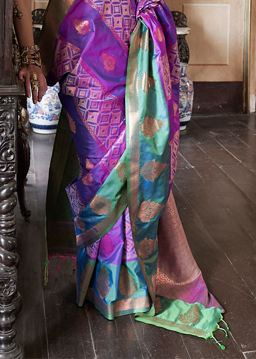 Raisin Purple Ikat Pochampally Handloom Silk Saree with Contrast Blouse