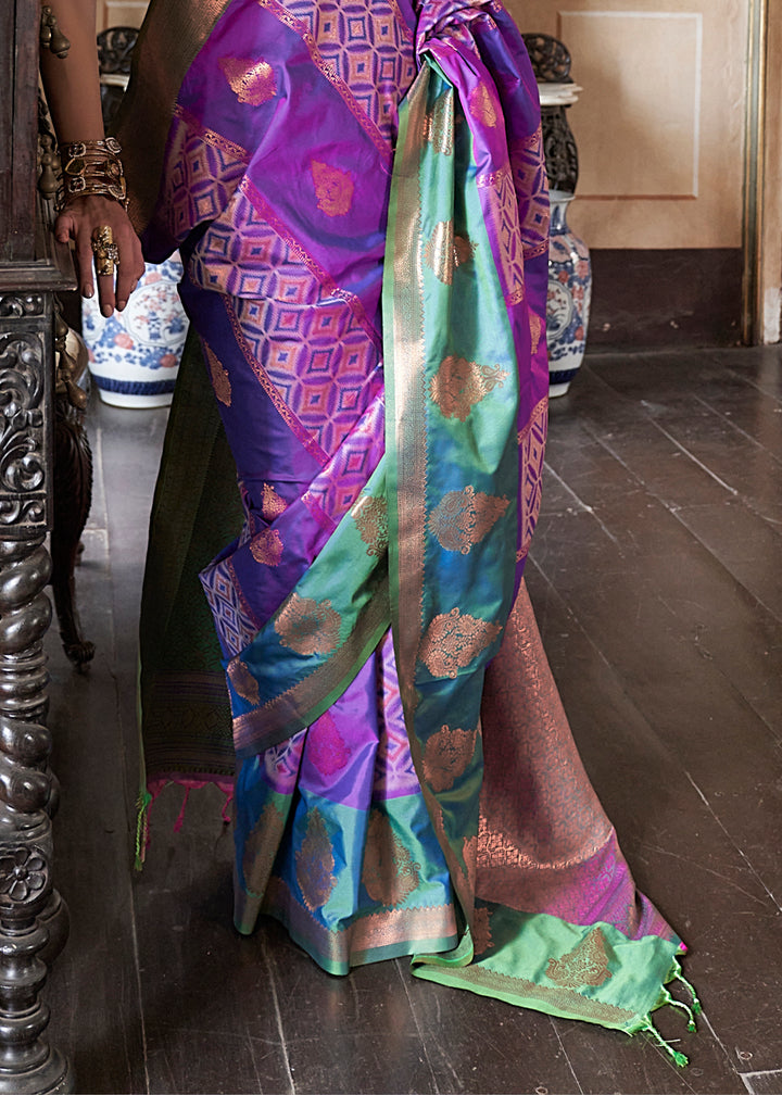 Raisin Purple Ikat Pochampally Handloom Silk Saree with Contrast Blouse