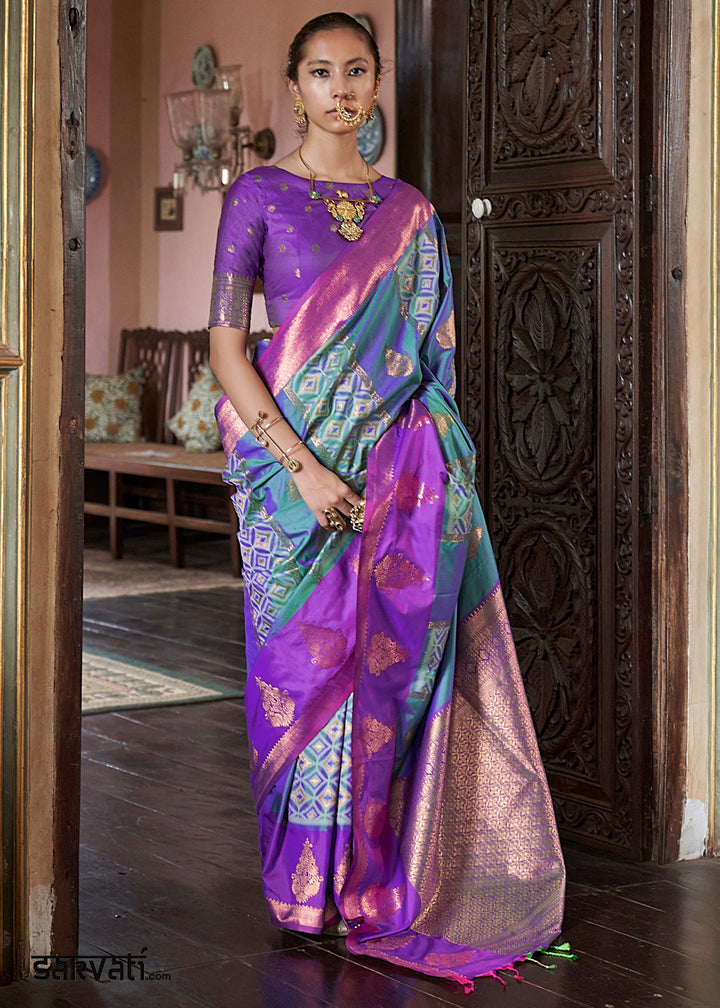 Teal Blue Ikat Pochampally Handloom Silk Saree with Contrast Blouse