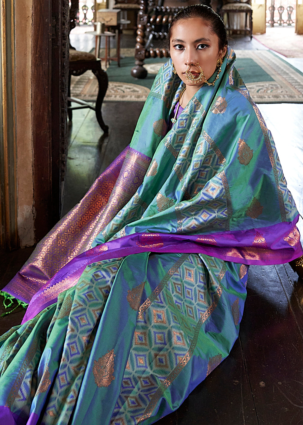 Teal Blue Ikat Pochampally Handloom Silk Saree with Contrast Blouse