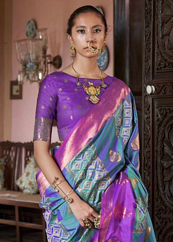 Teal Blue Ikat Pochampally Handloom Silk Saree with Contrast Blouse