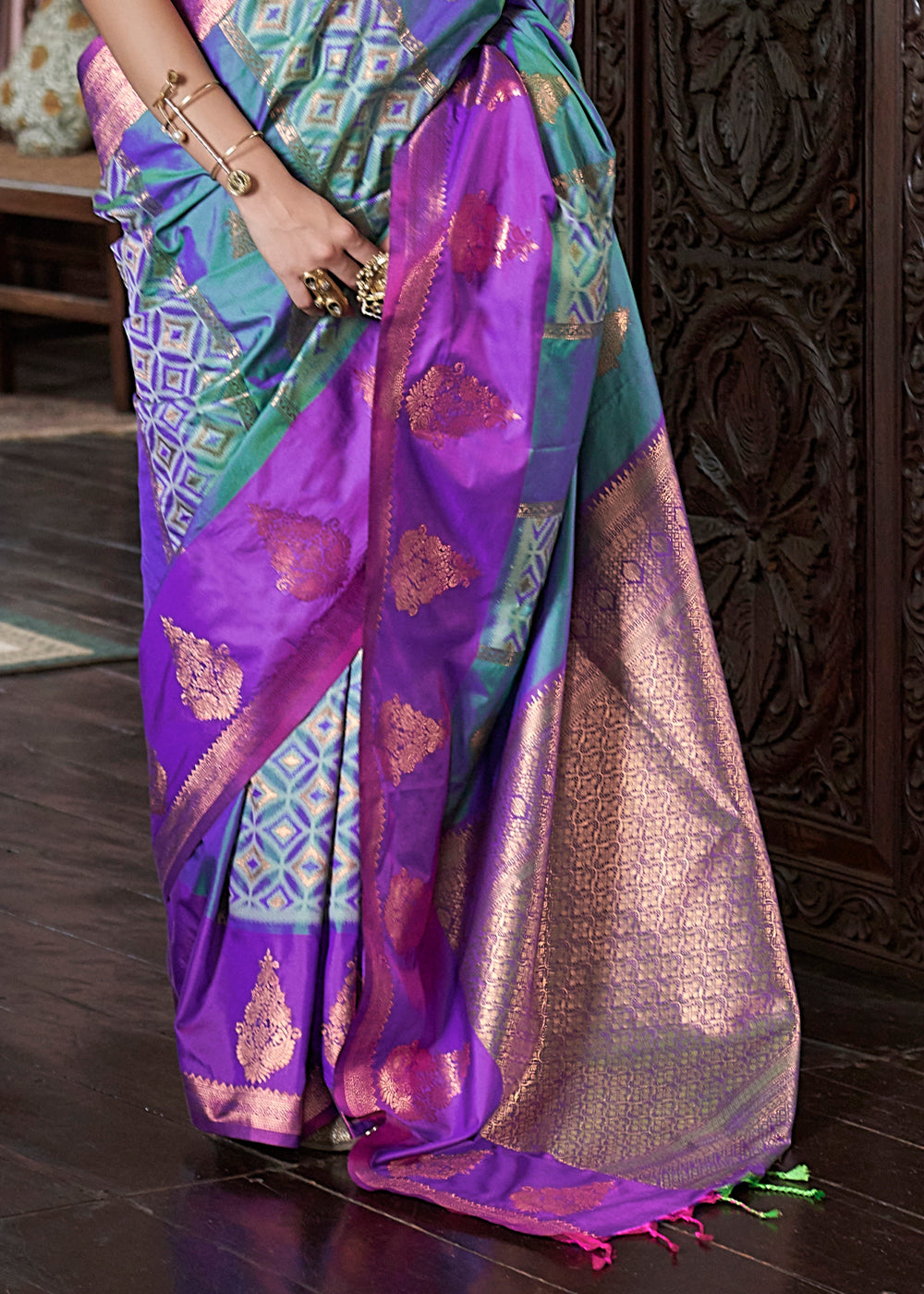 Teal Blue Ikat Pochampally Handloom Silk Saree with Contrast Blouse