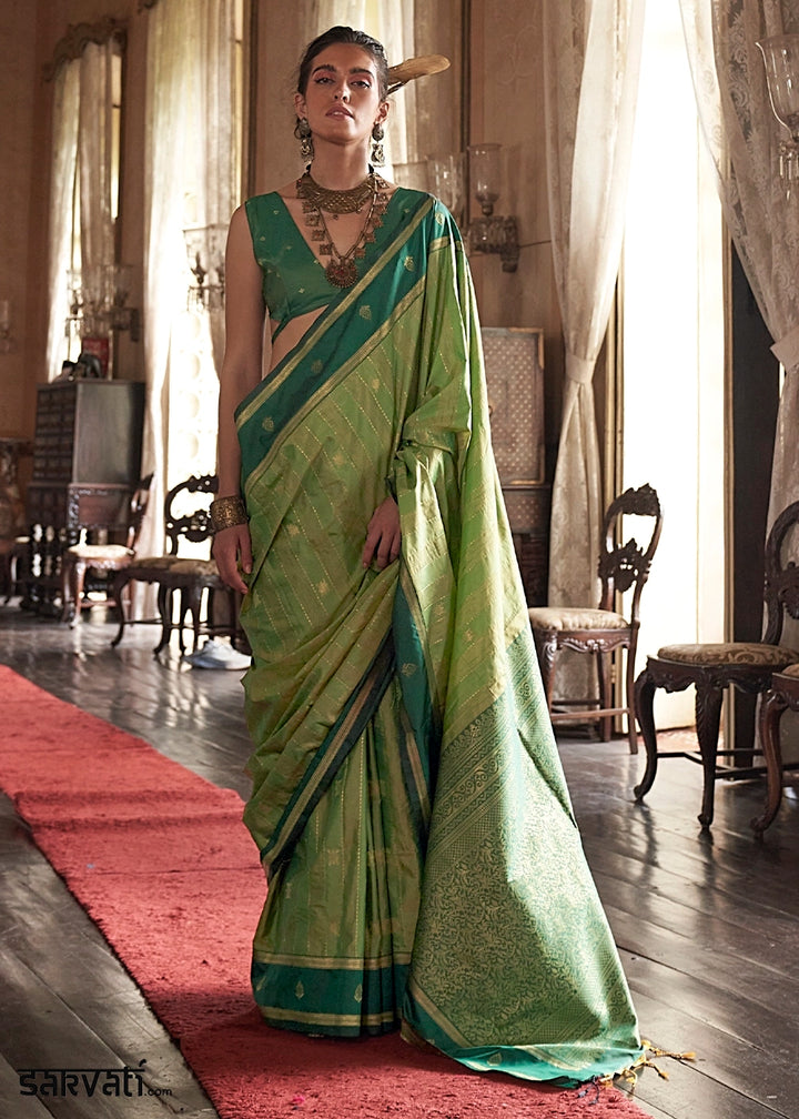 Apple Green Tussar Silk Handloom Saree with Elegant Zari Weave