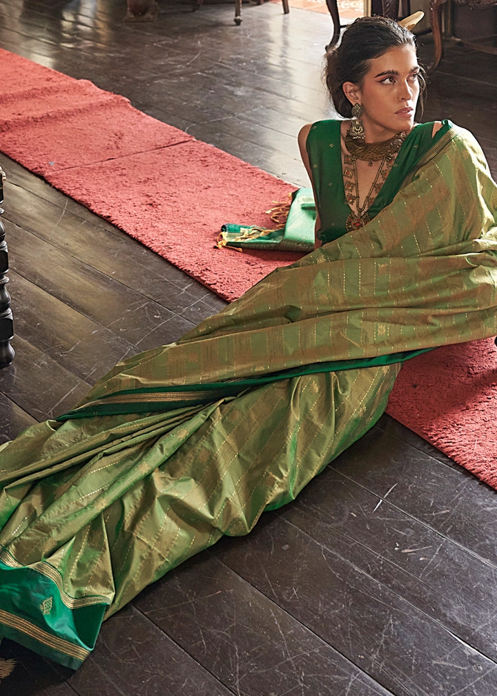 Apple Green Tussar Silk Handloom Saree with Elegant Zari Weave