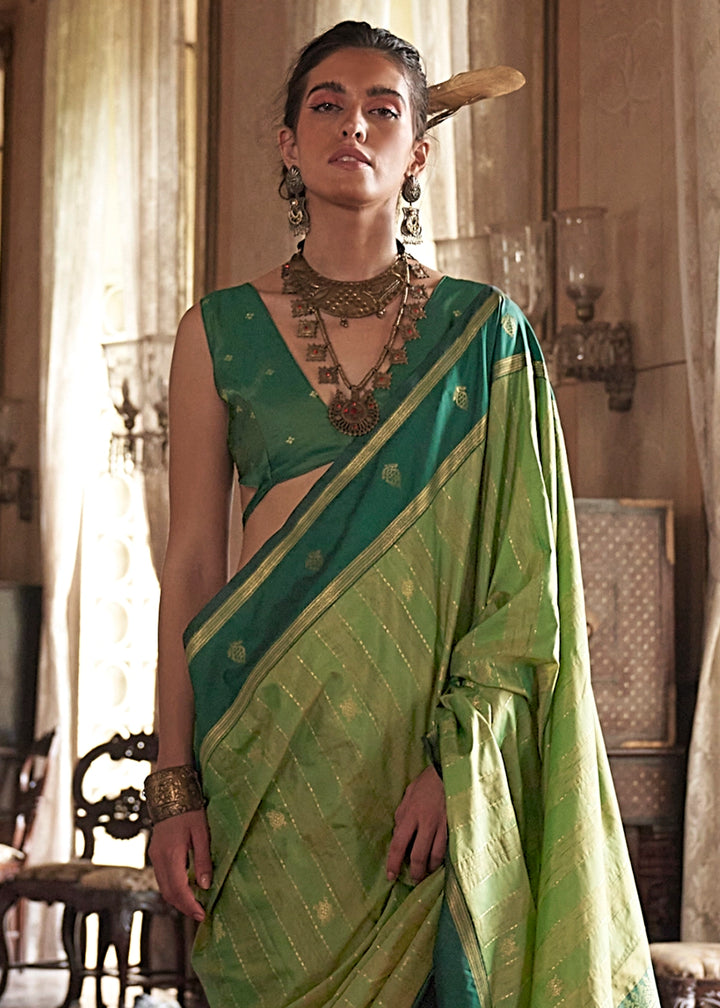 Apple Green Tussar Silk Handloom Saree with Elegant Zari Weave