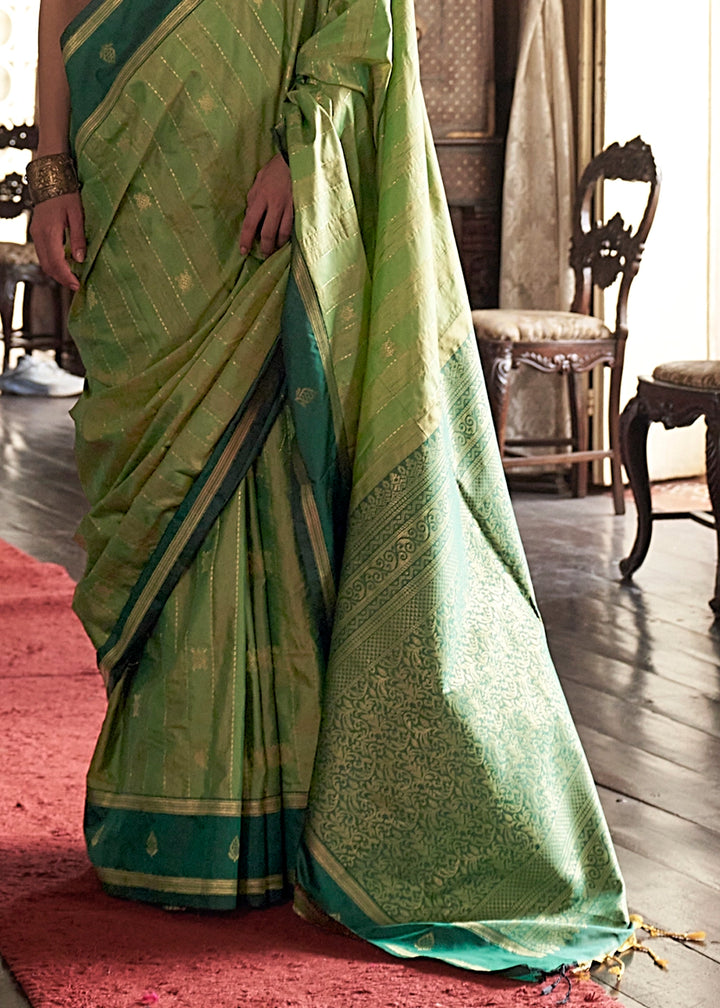 Apple Green Tussar Silk Handloom Saree with Elegant Zari Weave