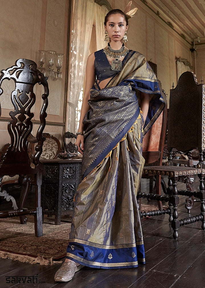 Abalone Grey Tussar Silk Handloom Saree with Elegant Zari Weave