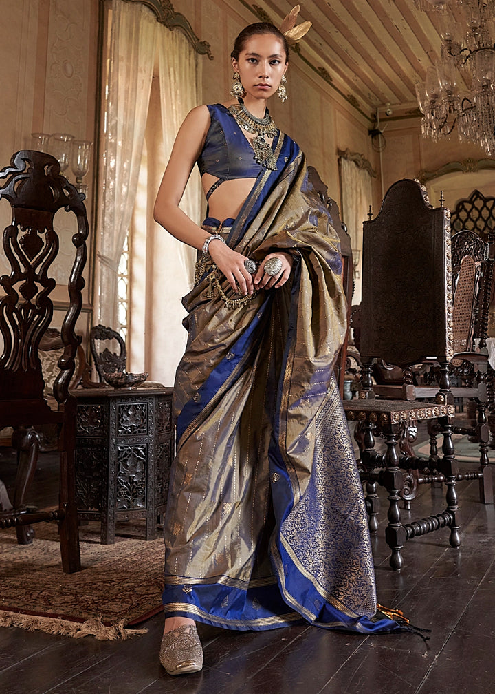 Abalone Grey Tussar Silk Handloom Saree with Elegant Zari Weave