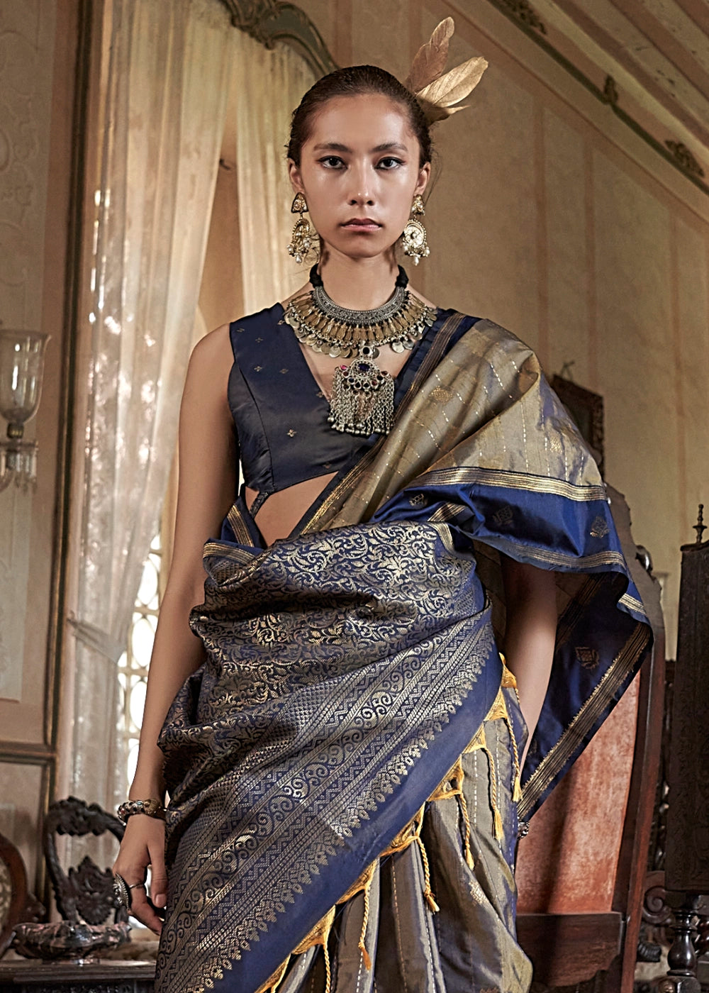 Abalone Grey Tussar Silk Handloom Saree with Elegant Zari Weave