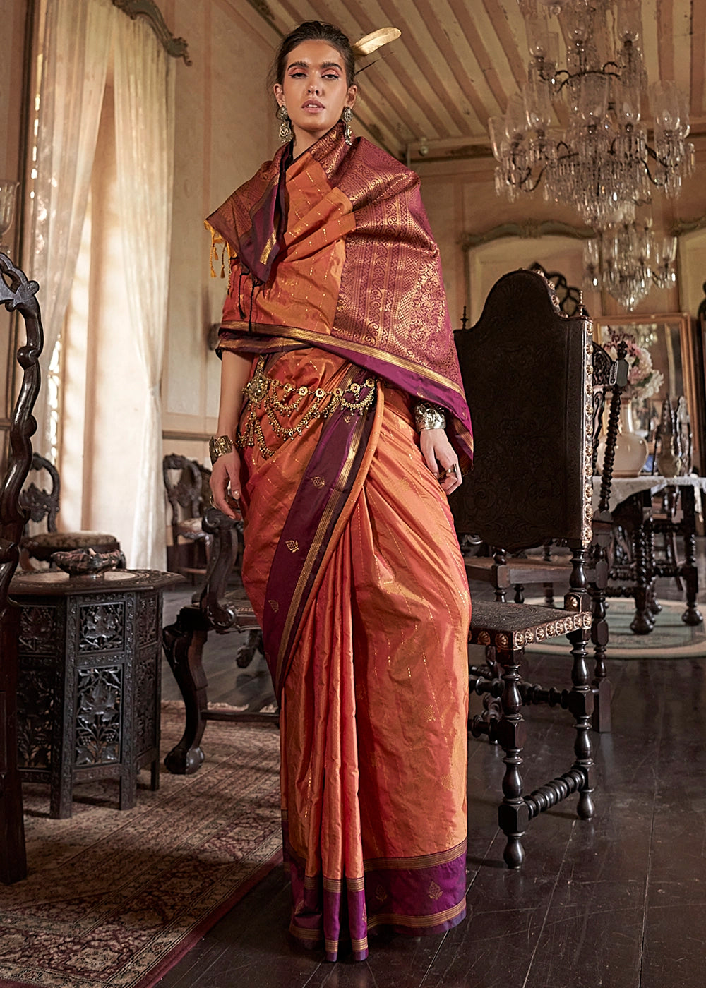 Tangerine Orange Tussar Silk Handloom Saree with Elegant Zari Weave