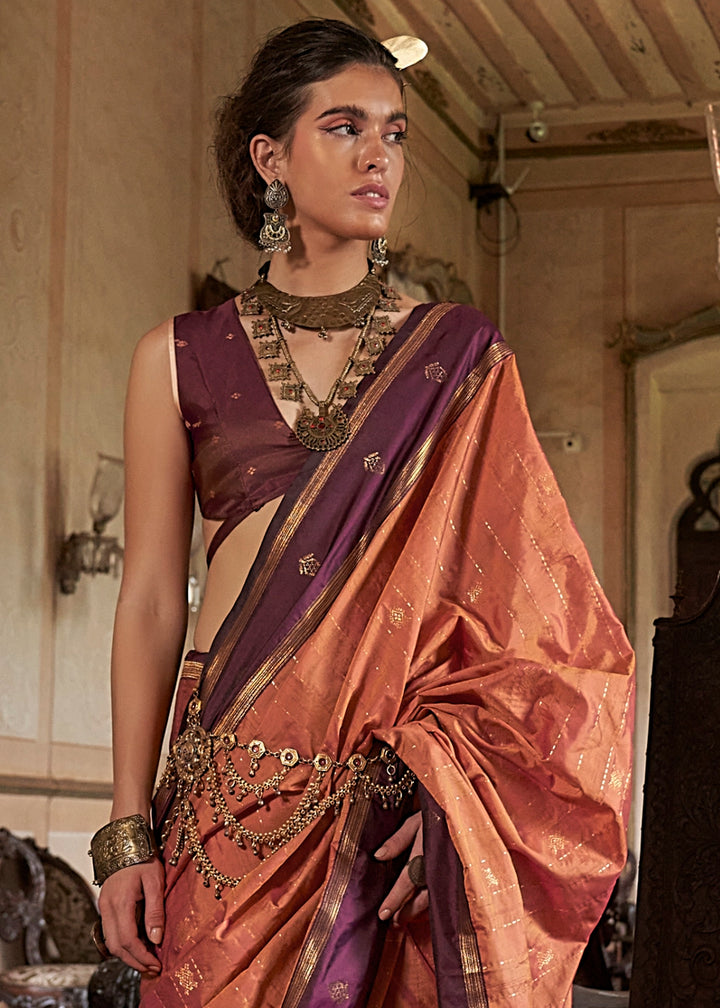 Tangerine Orange Tussar Silk Handloom Saree with Elegant Zari Weave