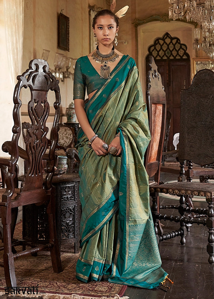 Shades Of Green Tussar Silk Handloom Saree with Elegant Zari Weave