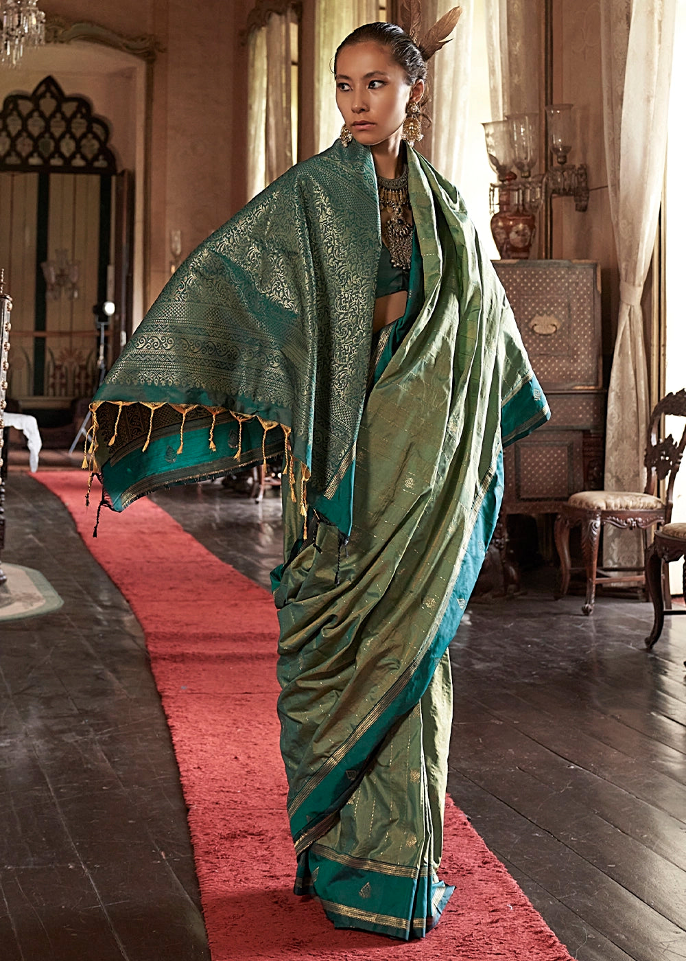Shades Of Green Tussar Silk Handloom Saree with Elegant Zari Weave