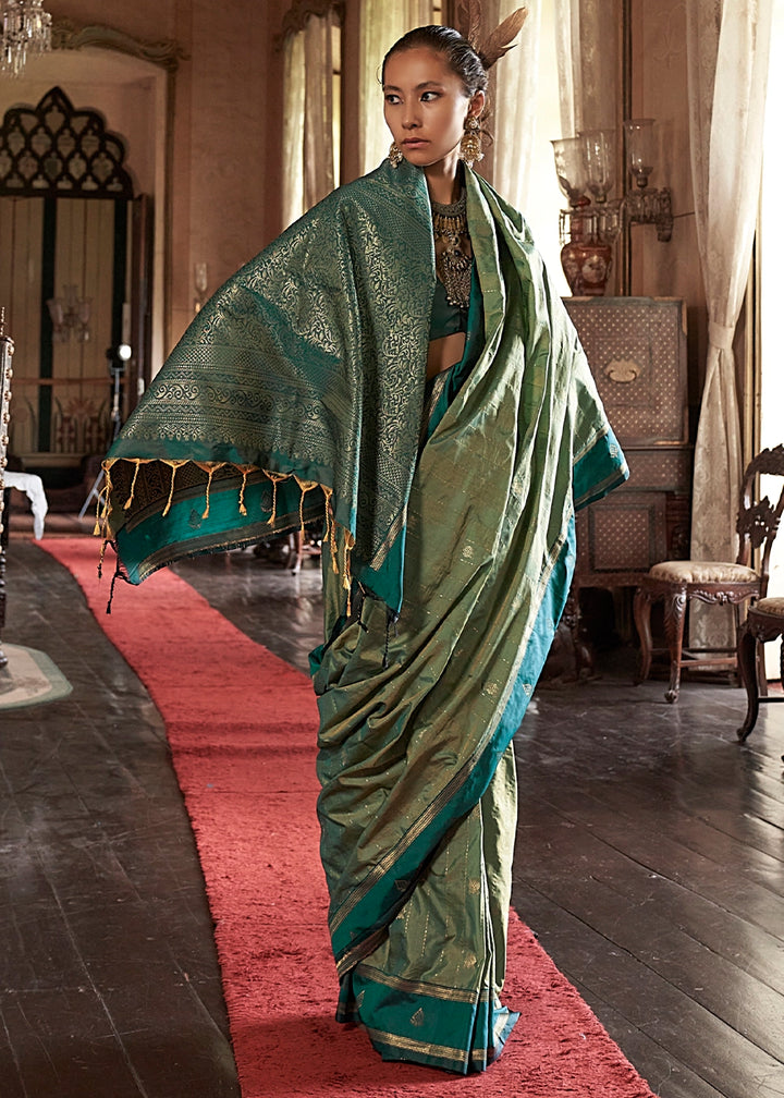Shades Of Green Tussar Silk Handloom Saree with Elegant Zari Weave