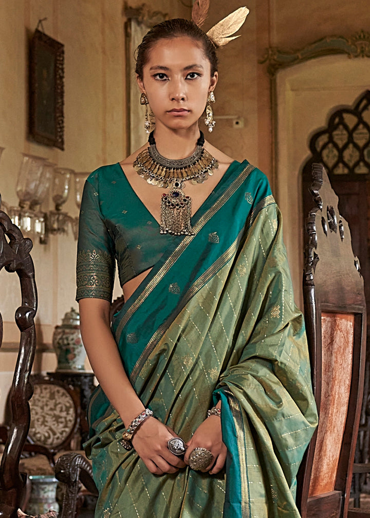 Shades Of Green Tussar Silk Handloom Saree with Elegant Zari Weave