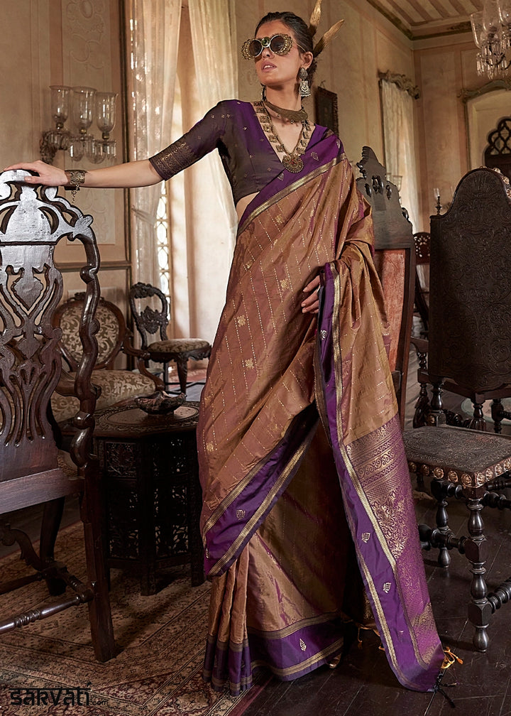 Plaster Brown Tussar Silk Handloom Saree with Elegant Zari Weave
