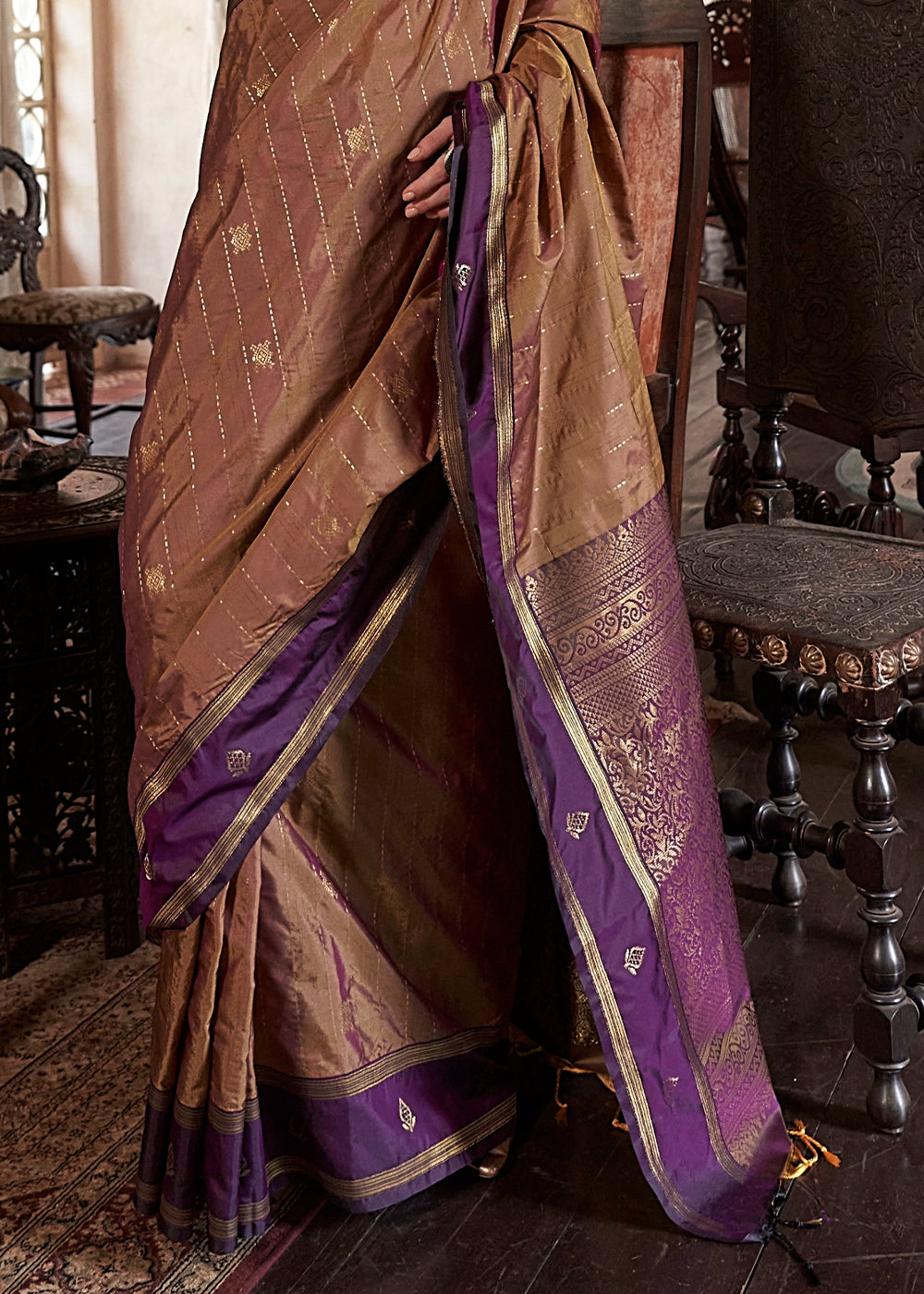 Plaster Brown Tussar Silk Handloom Saree with Elegant Zari Weave
