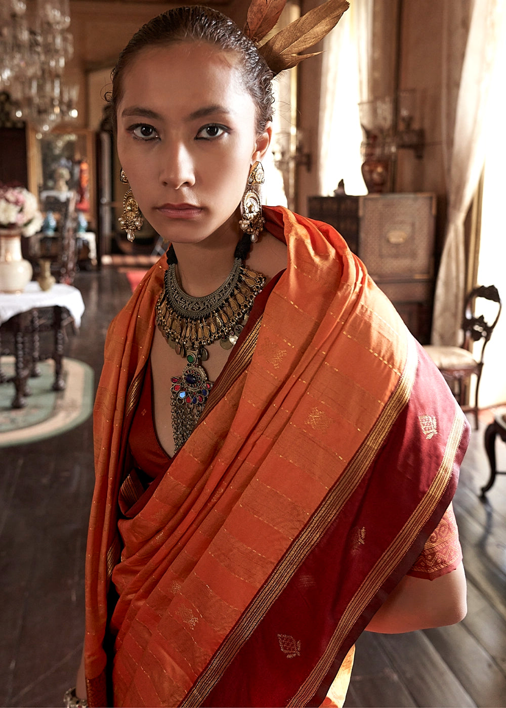 Fire Orange Tussar Silk Handloom Saree with Elegant Zari Weave