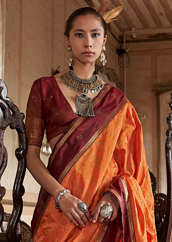 Fire Orange Tussar Silk Handloom Saree with Elegant Zari Weave
