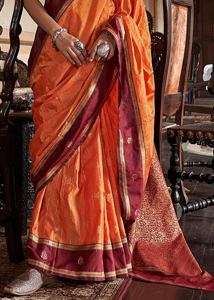 Fire Orange Tussar Silk Handloom Saree with Elegant Zari Weave