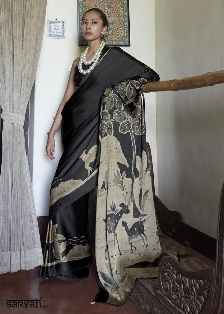 Charcoal Black Satin Saree with Designer Abstract Print
