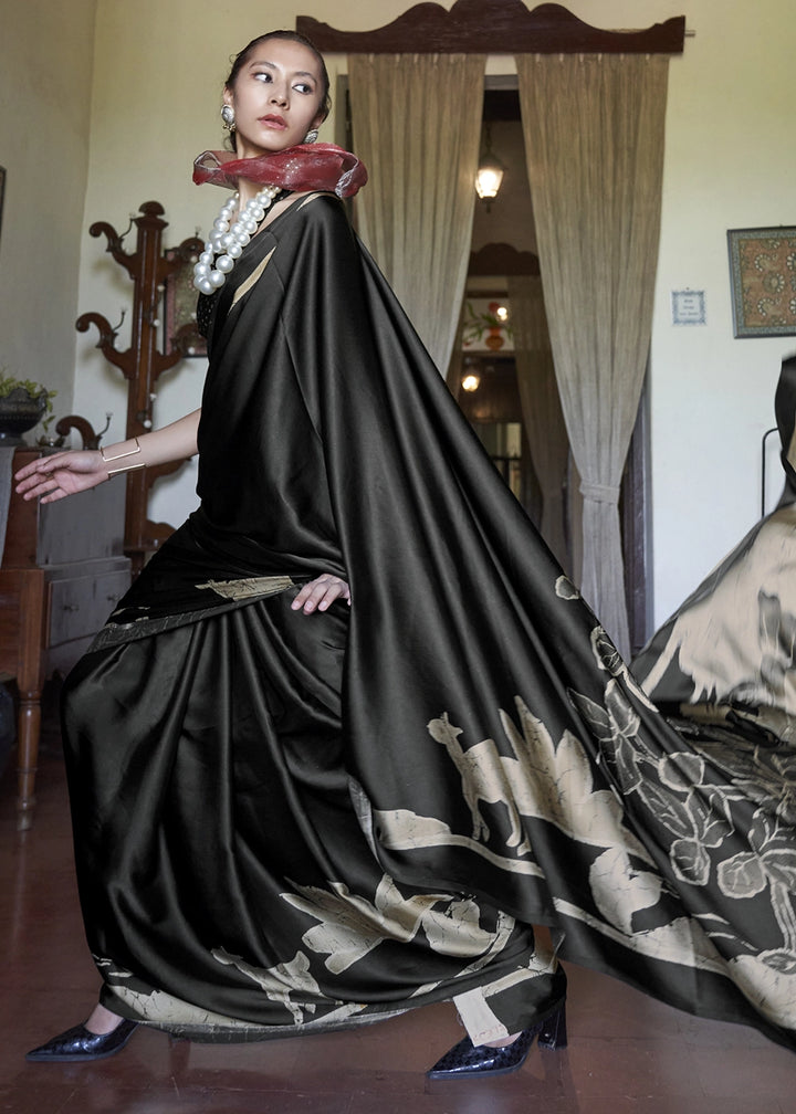 Charcoal Black Satin Saree with Designer Abstract Print