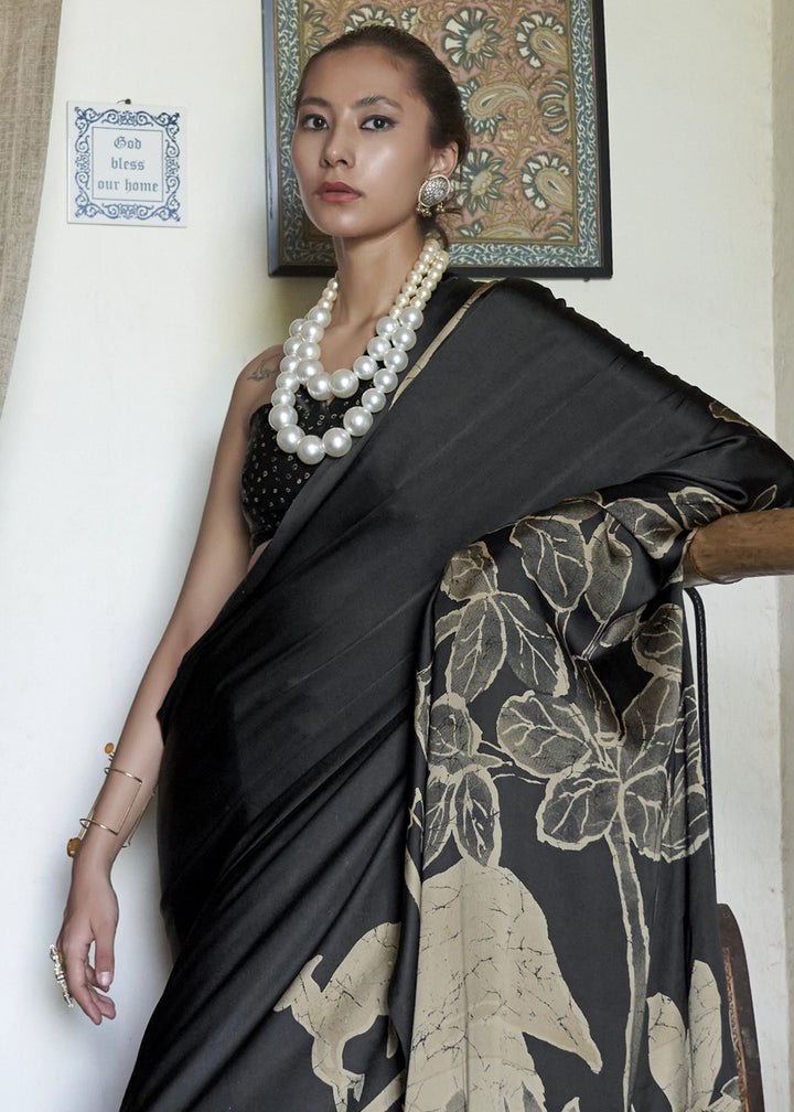 Charcoal Black Satin Saree with Designer Abstract Print