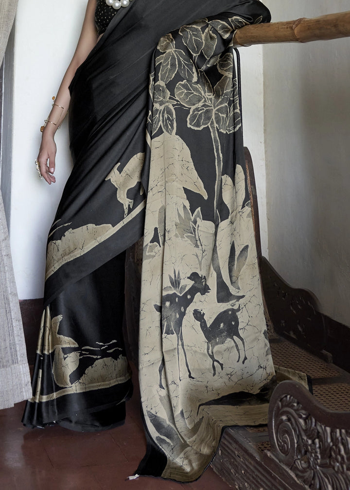 Charcoal Black Satin Saree with Designer Abstract Print