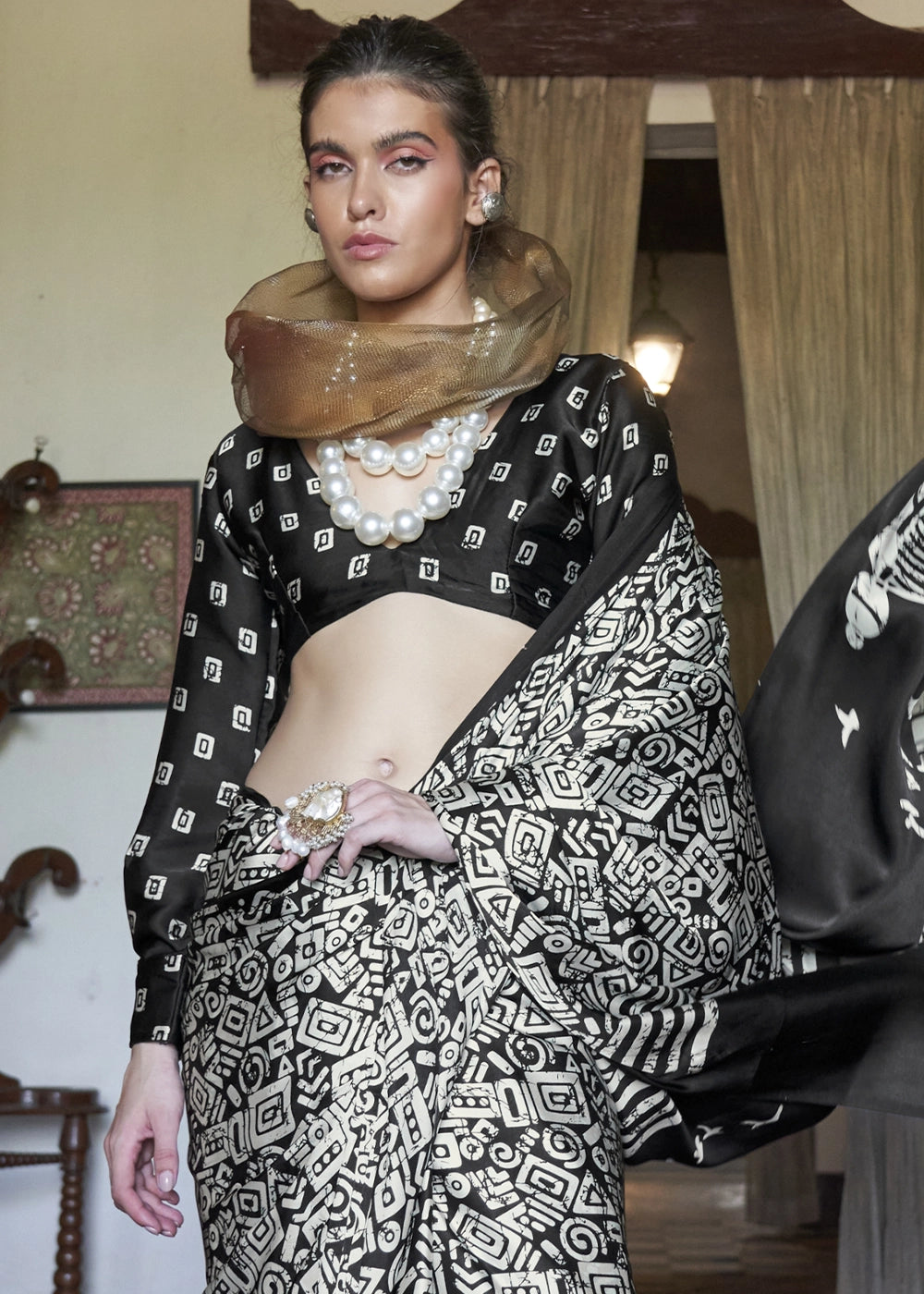 White & Black Satin Saree with Designer Abstract Print