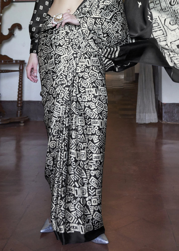 White & Black Satin Saree with Designer Abstract Print