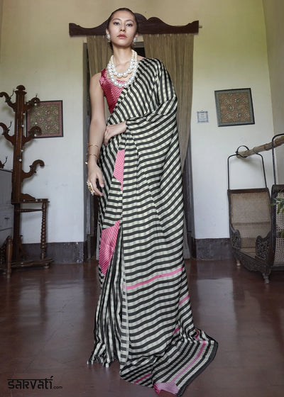 White & Black Satin Saree with Designer Abstract Print
