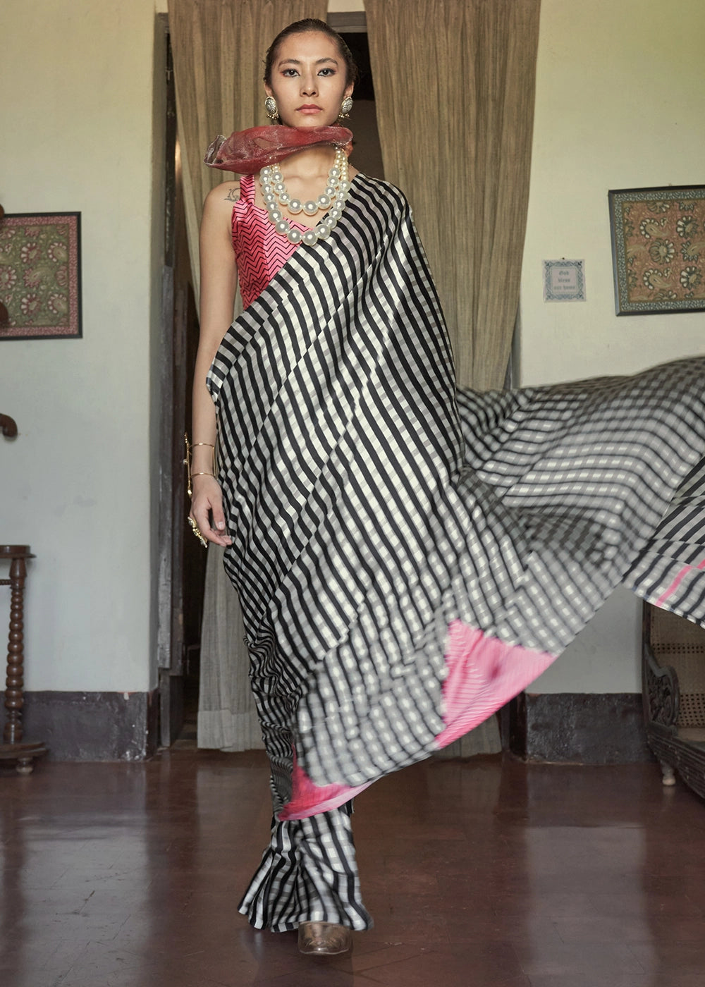 White & Black Satin Saree with Designer Abstract Print