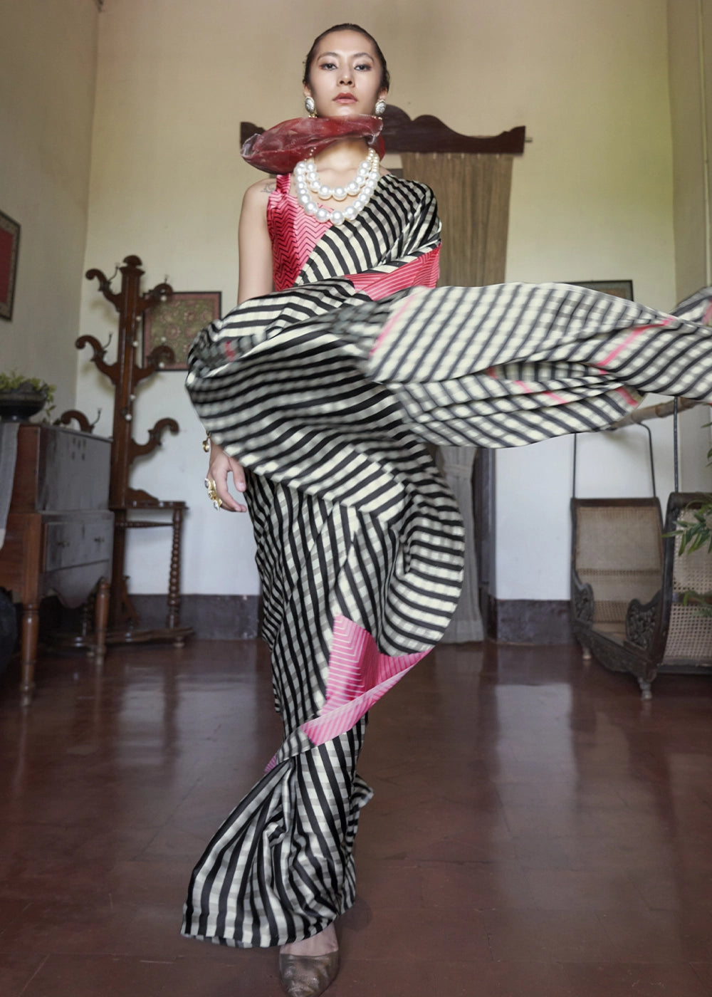 White & Black Satin Saree with Designer Abstract Print