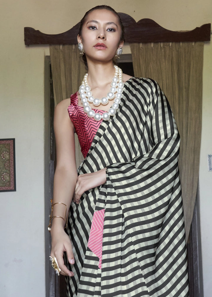 White & Black Satin Saree with Designer Abstract Print