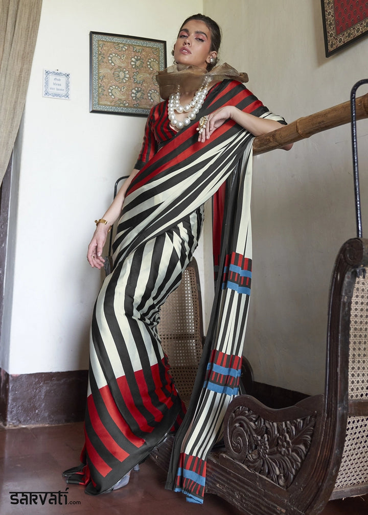 White & Red Satin Saree with Designer Abstract Print