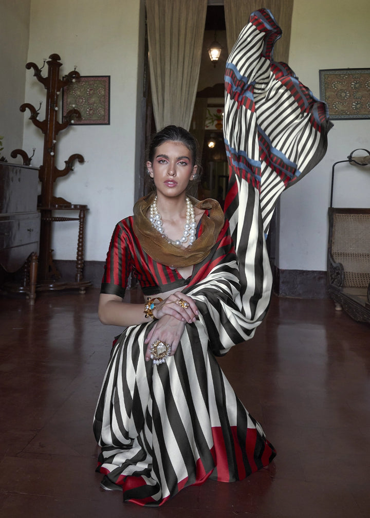 White & Red Satin Saree with Designer Abstract Print
