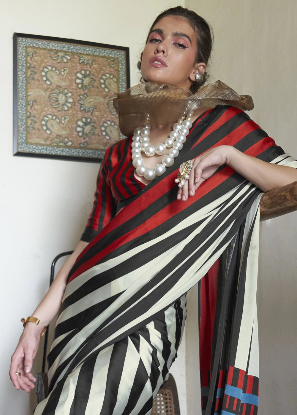 White & Red Satin Saree with Designer Abstract Print