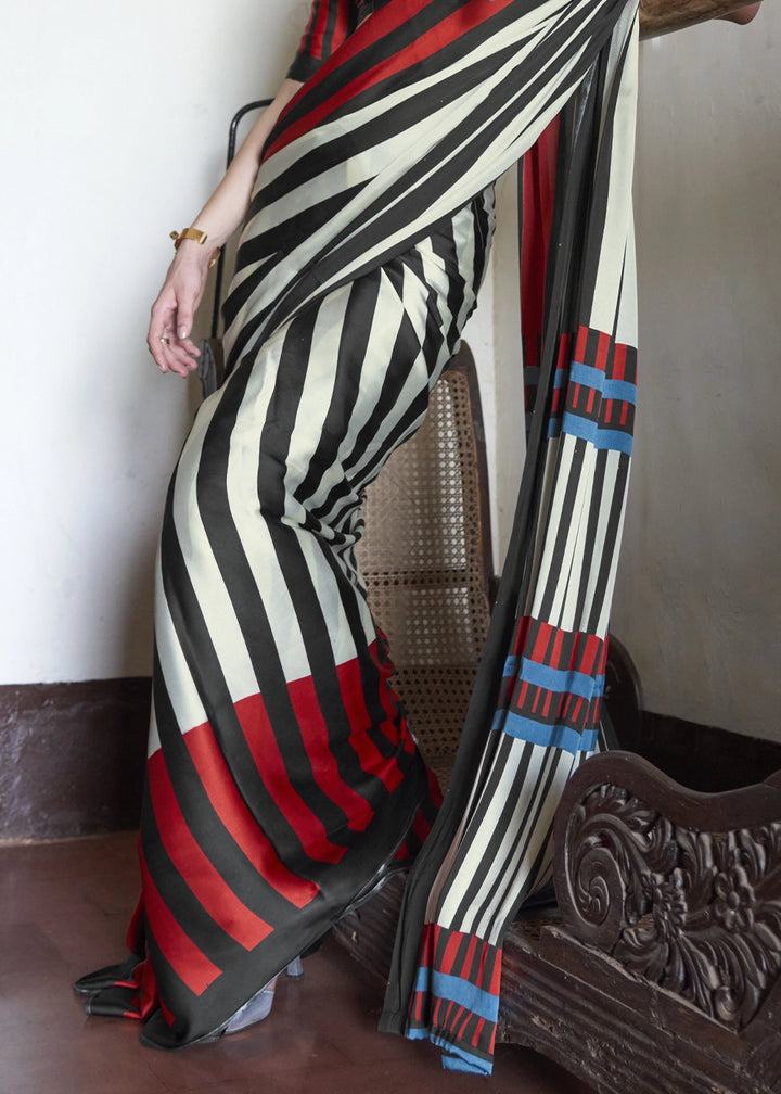 White & Red Satin Saree with Designer Abstract Print