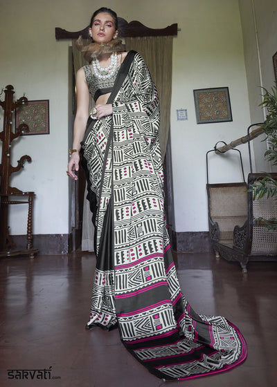 White & Black Satin Saree with Designer Abstract Print