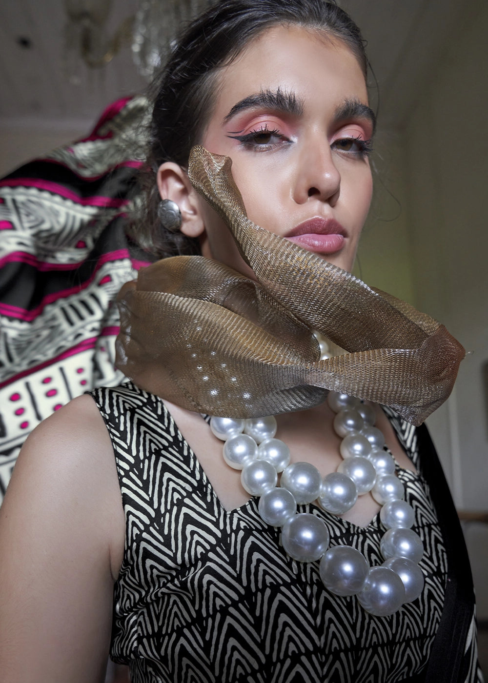 White & Black Satin Saree with Designer Abstract Print